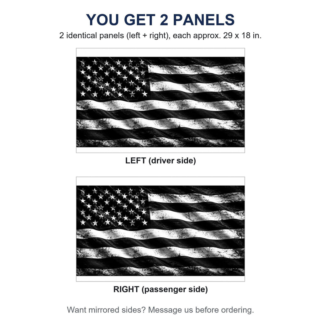 Two identical perforated window panels side by side labeled LEFT and RIGHT, both showing the same black and white distressed flag design, each panel 29 by 18 inches, full rectangle before trimming to fit. A note offers mirrored sides on request.