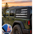Jeep Wrangler 4-door rear quarter window with a perforated decal of a black and white distressed American flag printed edge-to-edge with no background, applied to the outside of the glass. An INCLUDED badge in the corner shows the felt squeegee and 2 American flag decals that come with every set.