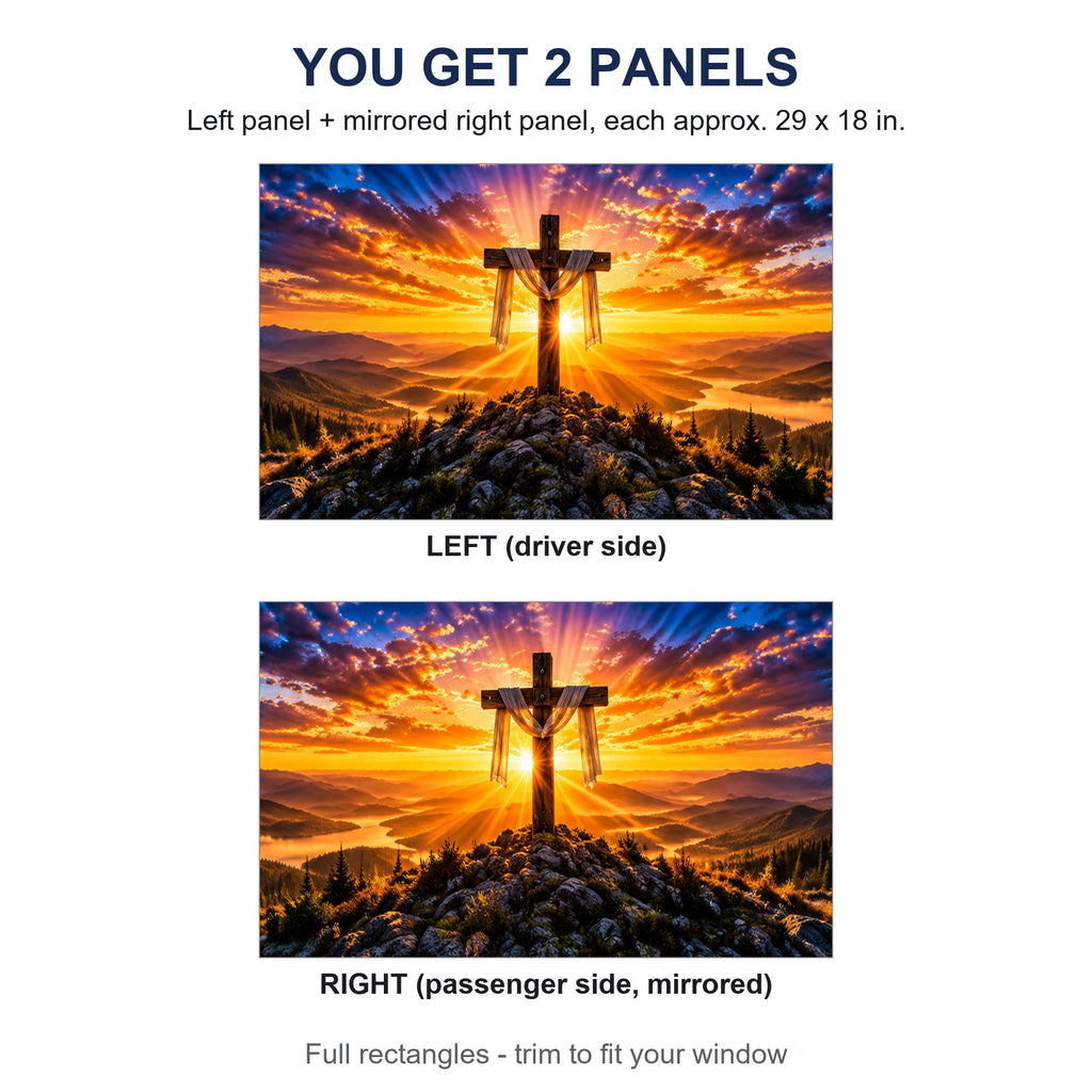 Two perforated window panels side by side labeled LEFT (driver side) and RIGHT (passenger side, mirrored) - cross with cloth sunrise design, each panel 29 by 18 inches, full rectangle before trimming to fit.