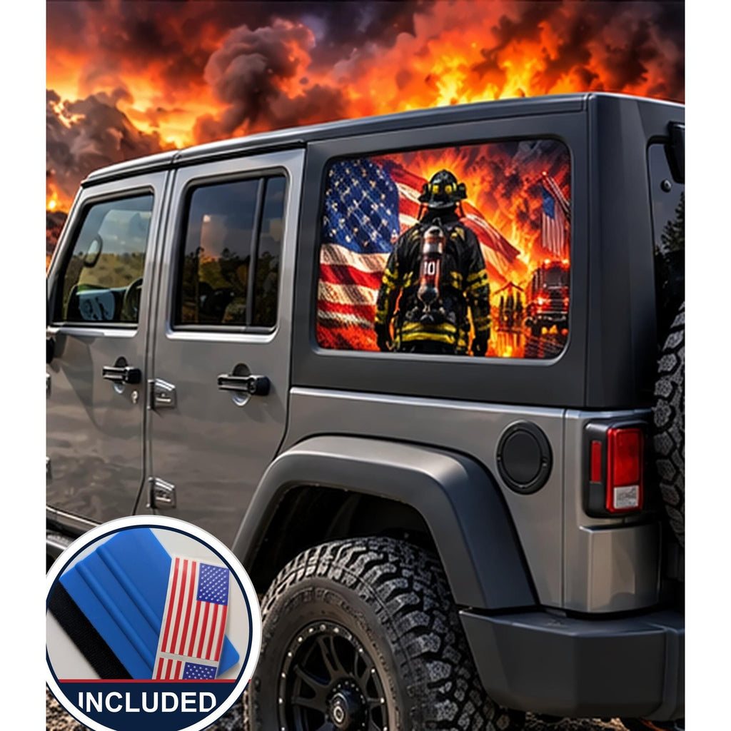 Jeep Wrangler 4-door rear quarter window with a perforated decal of a firefighter in full turnout gear standing before an American flag and a working structure fire, a fire truck and ladder in the background, applied to the outside of the glass. An INCLUDED badge in the corner shows the felt squeegee and 2 American flag decals that come with every set.