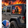 Jeep Wrangler 4-door rear quarter window with a perforated decal of a firefighter in full turnout gear standing before an American flag and a working structure fire, a fire truck and ladder in the background, applied to the outside of the glass. An INCLUDED badge in the corner shows the felt squeegee and 2 American flag decals that come with every set.