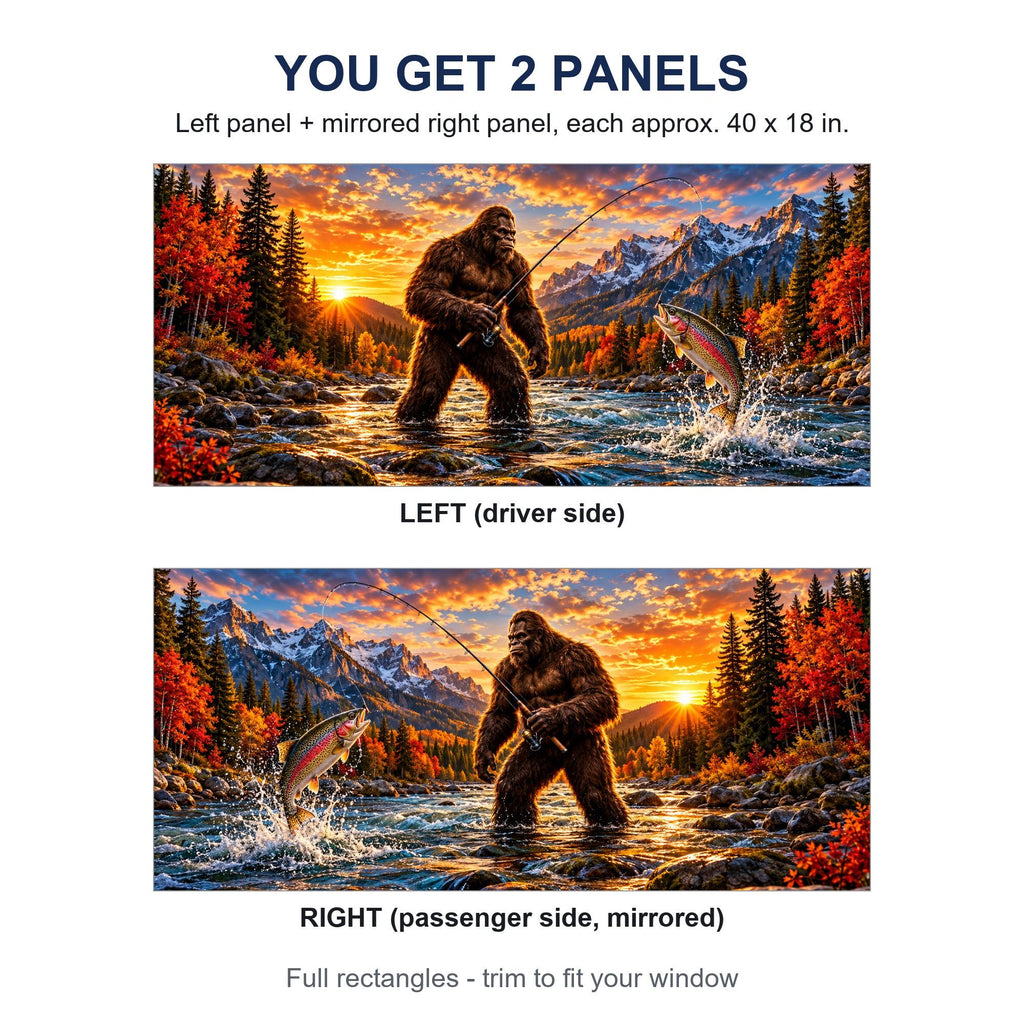 Two perforated window panels side by side labeled LEFT (driver side) and RIGHT (passenger side, mirrored) - Bigfoot fishing a trout river design, each panel 40 by 18 inches (approx.), full rectangle before trimming to fit.