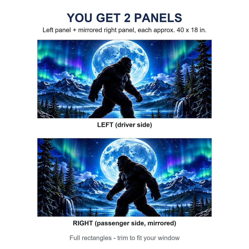 Two perforated window panels side by side labeled LEFT (driver side) and RIGHT (passenger side, mirrored) - Bigfoot full moon northern lights design, each panel 40 by 18 inches (approx.), full rectangle before trimming to fit.
