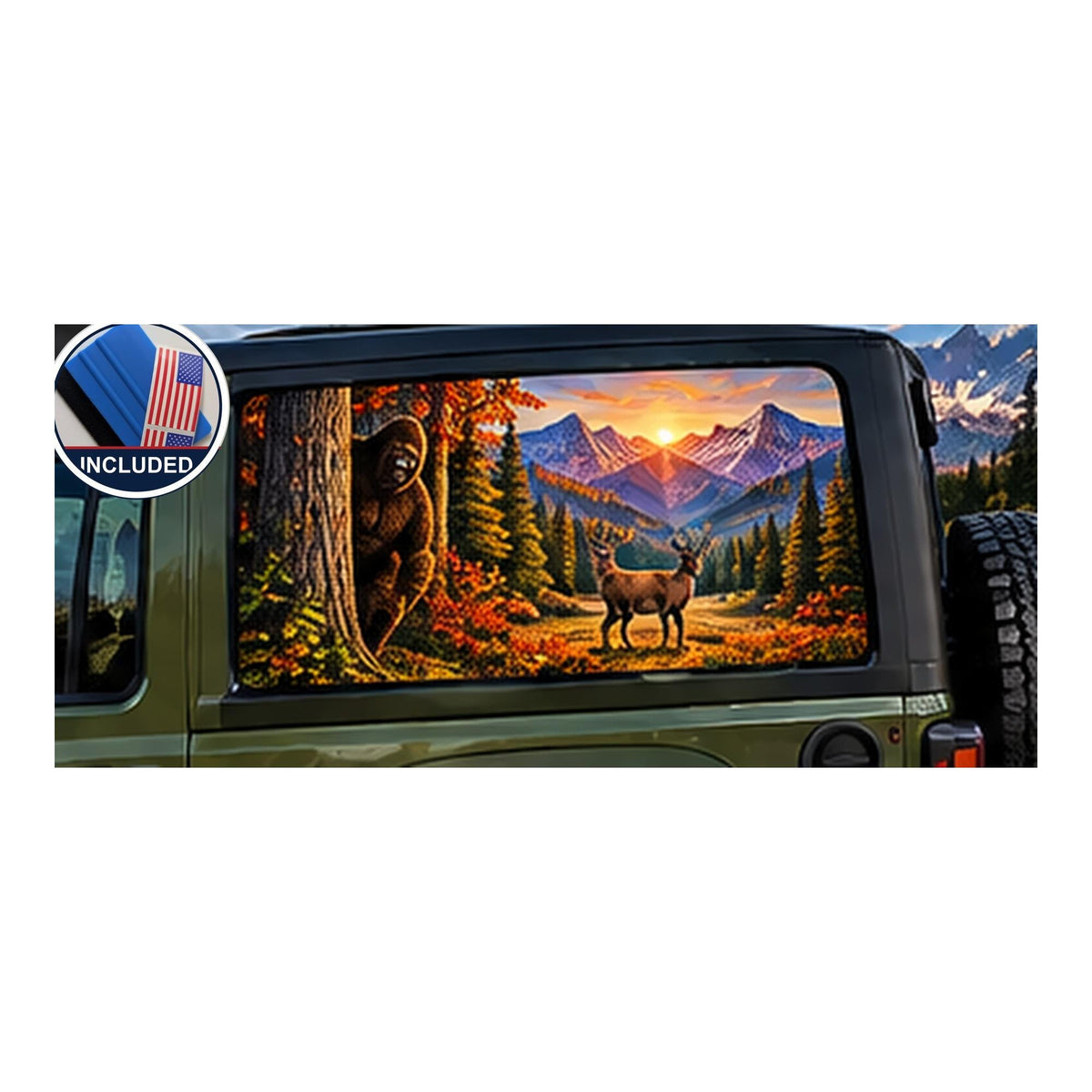 Jeep Wrangler 2-door rear side window with a perforated decal of Bigfoot peeking out from behind an autumn tree trunk, a whitetail deer standing in the meadow nearby, mountain sunset in the background, applied to the outside of the glass. An INCLUDED badge in the corner shows the felt squeegee and 2 American flag decals that come with every set.