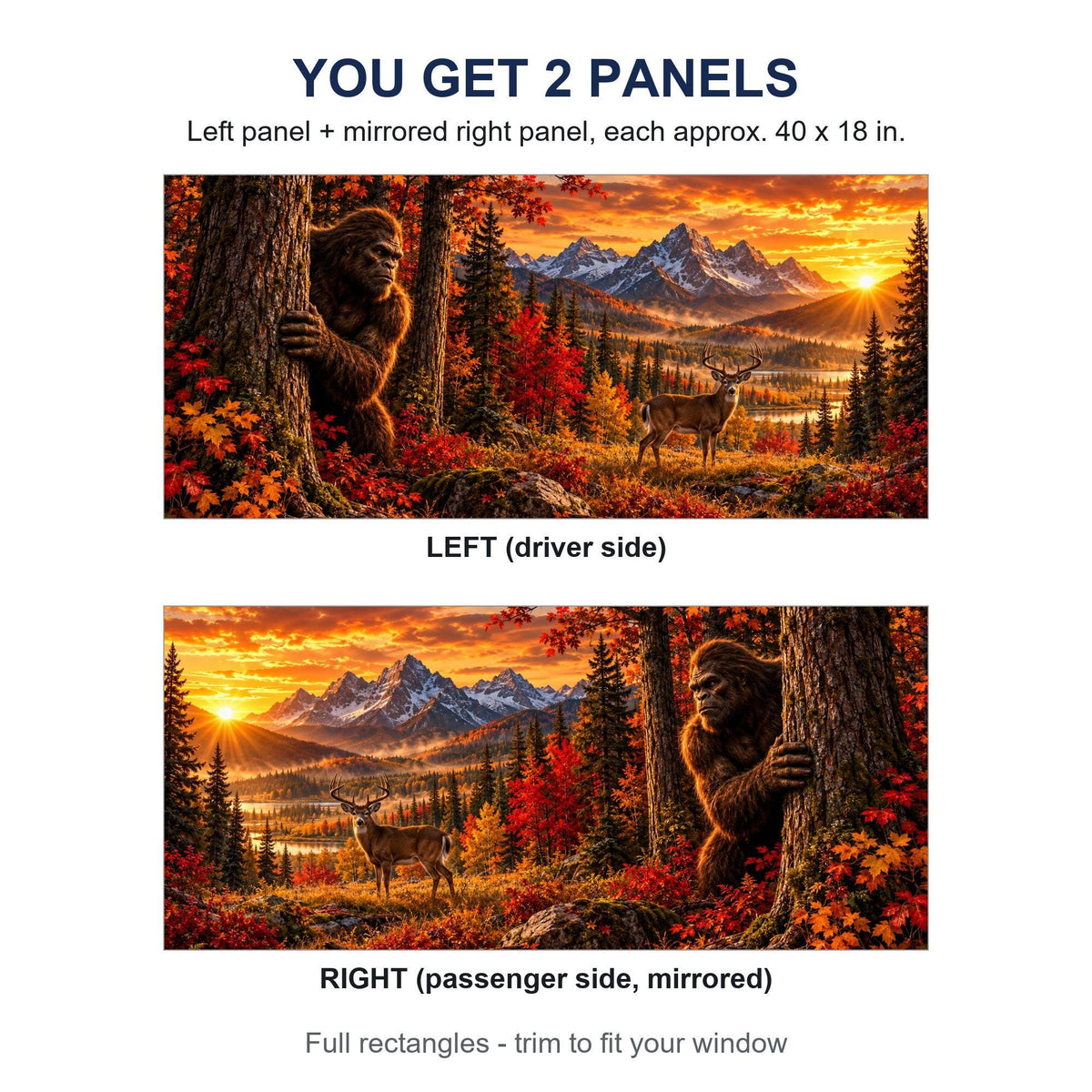 Two perforated window panels side by side labeled LEFT (driver side) and RIGHT (passenger side, mirrored) - Bigfoot peeking tree deer autumn design, each panel 40 by 18 inches (approx.), full rectangle before trimming to fit.