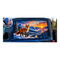 Jeep Wrangler 2-door rear side window with a perforated decal of a red fox standing on a snowy ridge above a winding river valley at sunset, snow-capped mountains in the background, applied to the outside of the glass. An INCLUDED badge in the corner shows the felt squeegee and 2 American flag decals that come with every set.