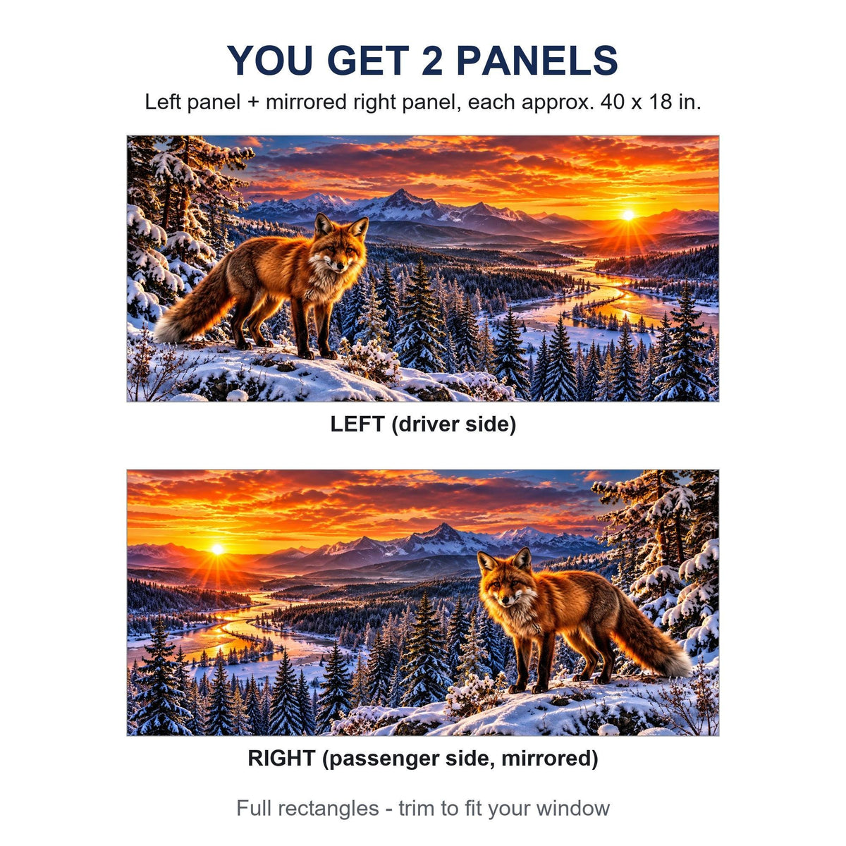 Two perforated window panels side by side labeled LEFT (driver side) and RIGHT (passenger side, mirrored) - red fox winter sunset design, each panel 40 by 18 inches (approx.), full rectangle before trimming to fit.