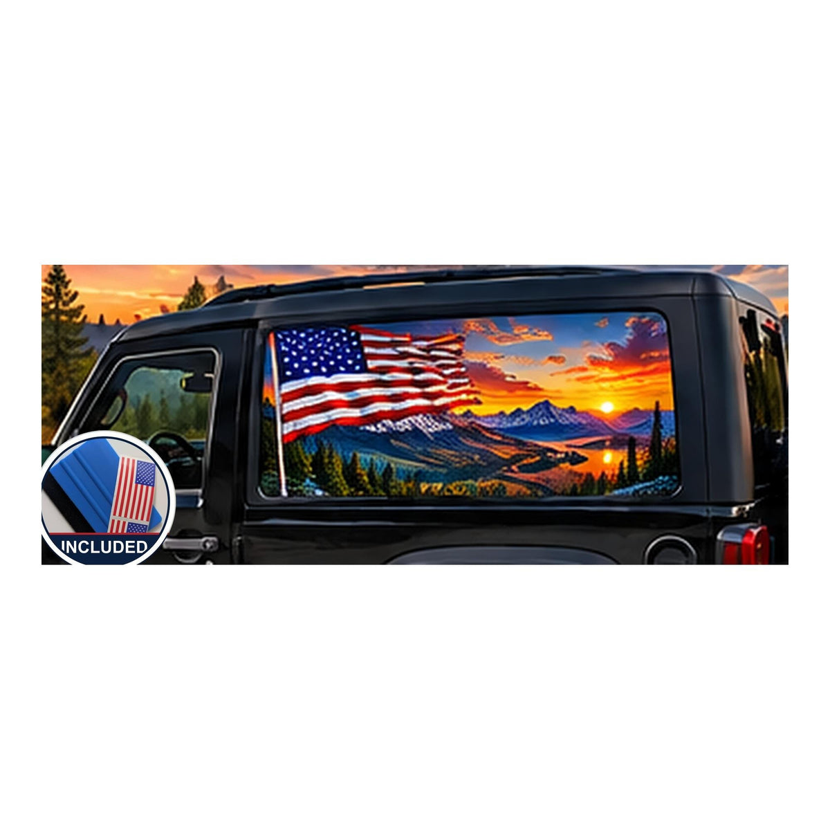 Jeep Wrangler 2-door rear side window with a perforated decal of a waving American flag over snow-capped mountains and a small pond at a fiery orange sunset, applied to the outside of the glass. An INCLUDED badge in the corner shows the felt squeegee and 2 American flag decals that come with every set.