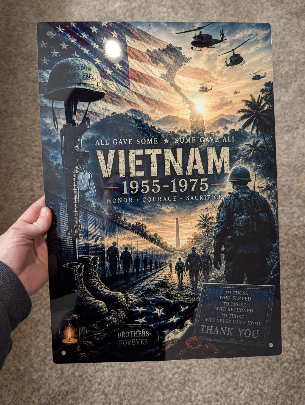 Real Vietnam 1955-1975 memorial aluminum sign held in hand, with flag and military tribute