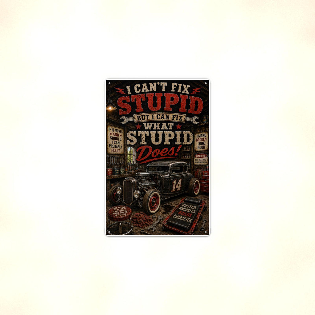I Can't Fix Stupid - Funny Garage Metal Sign 8x12 & 12x18, Aluminum Mechanic Shop Decor — Context view