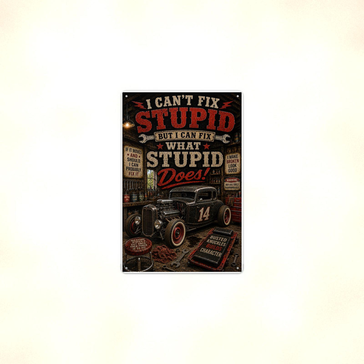 I Can't Fix Stupid - Funny Garage Metal Sign 8x12 & 12x18, Aluminum Mechanic Shop Decor — Context view