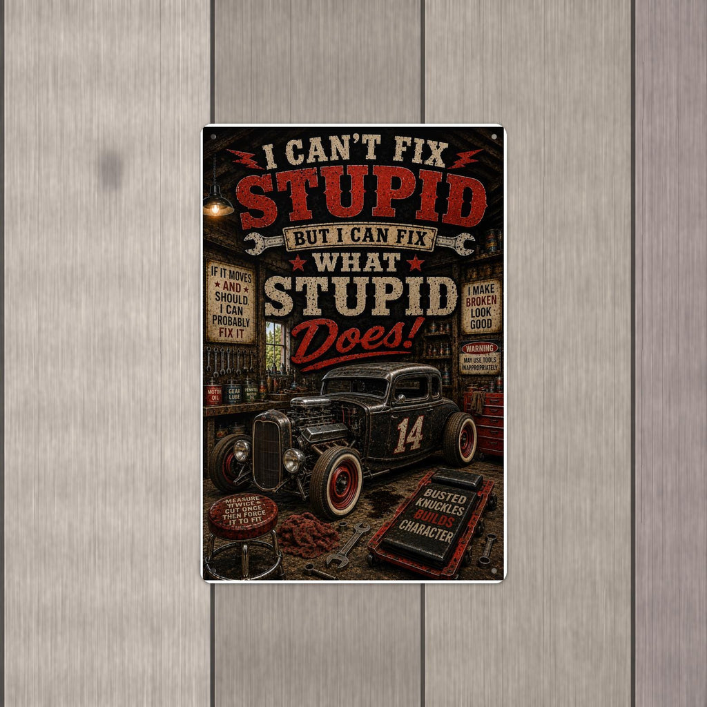 I Can't Fix Stupid - Funny Garage Metal Sign 8x12 & 12x18, Aluminum Mechanic Shop Decor — Alternate wall view