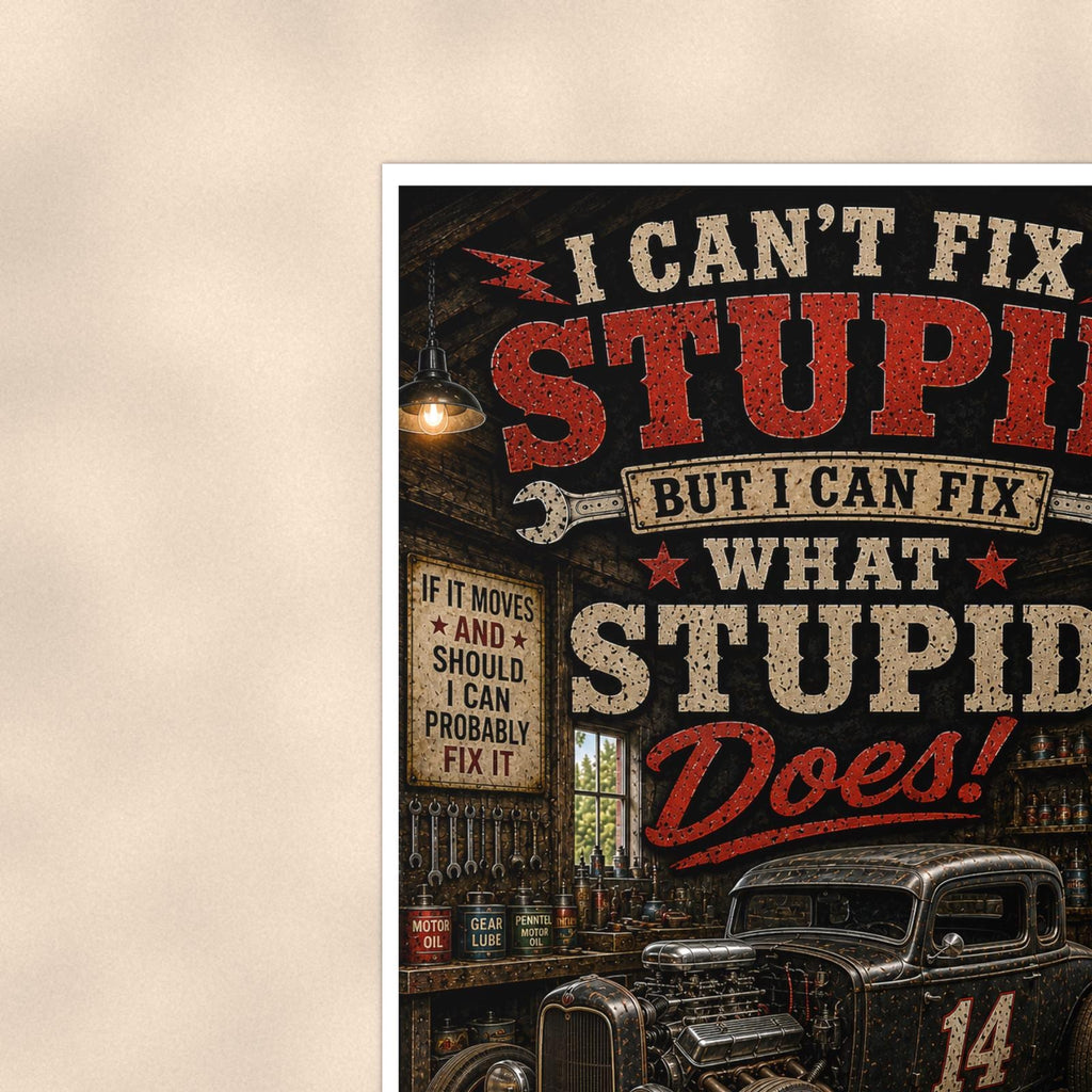 I Can't Fix Stupid - Funny Garage Poster 16x24 & 24x36, Hot Rod Wall Art Print — Context view