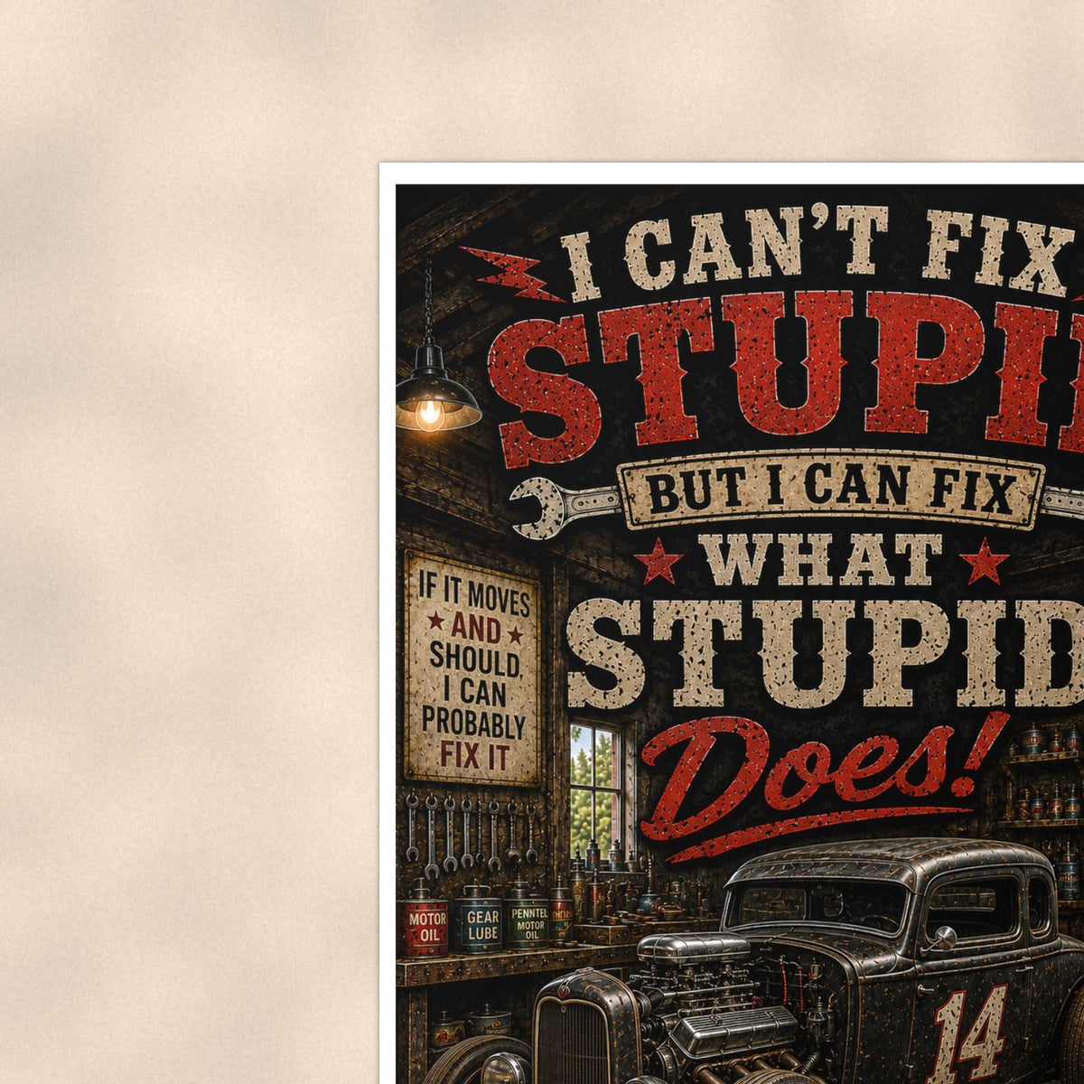 I Can't Fix Stupid - Funny Garage Poster 16x24 & 24x36, Hot Rod Wall Art Print — Context view