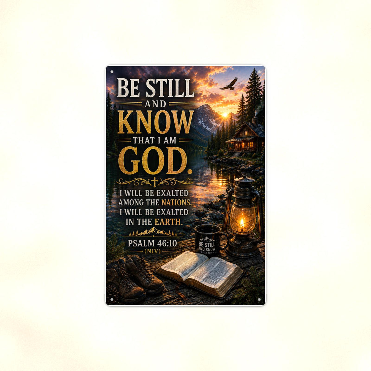 Be Still And Know Exalted Lakeside - Psalm 46:10, Christian Metal Sign 8x12 & 12x18 — Full product view