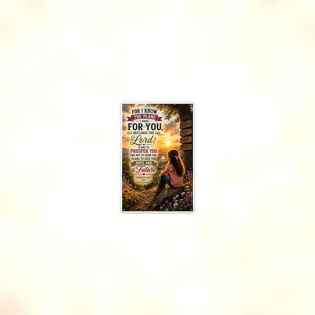 For I Know The Plans Girl At The Signpost - Jeremiah 29:11, Christian Metal Sign 8x12 & 12x18 — Room display