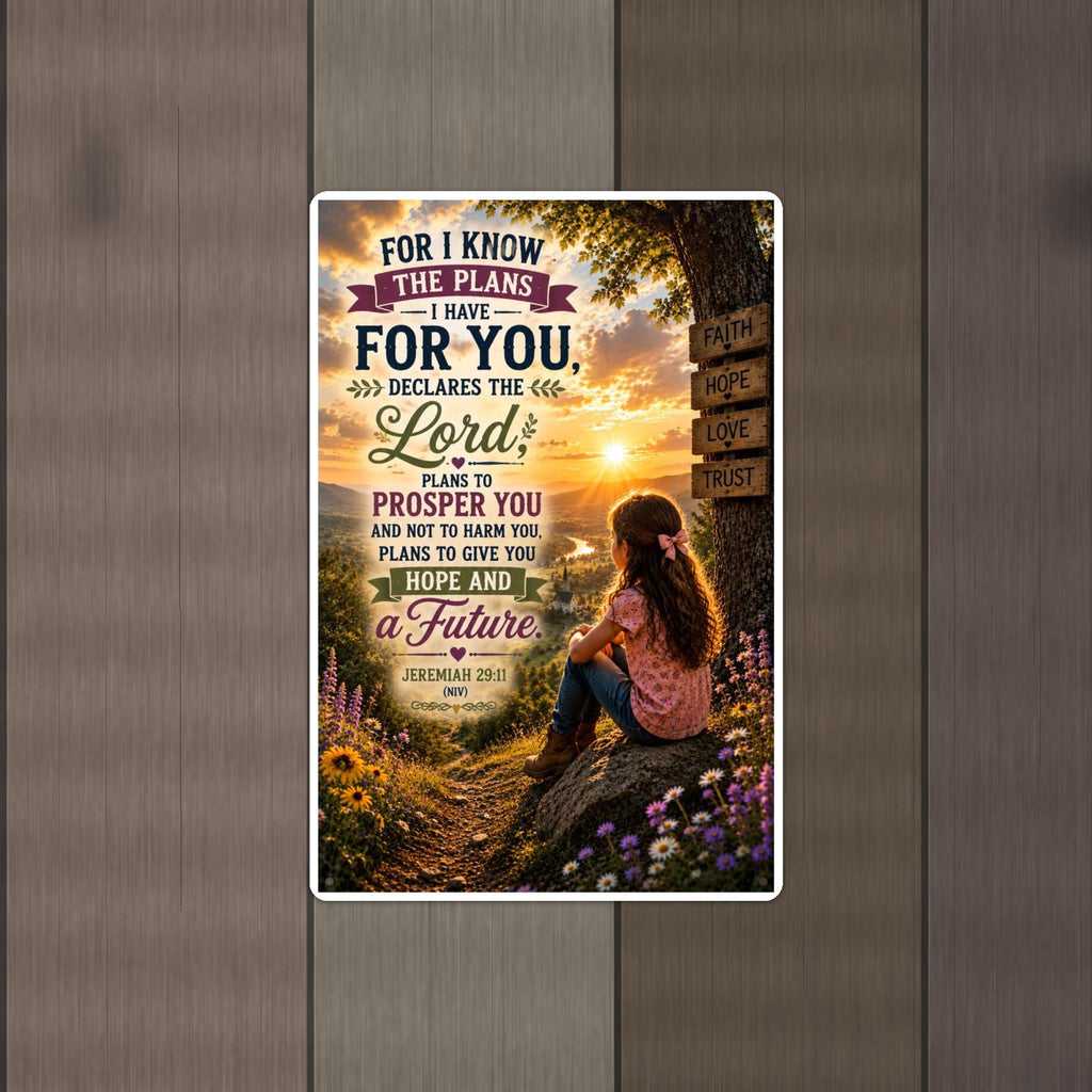 For I Know The Plans Girl At The Signpost - Jeremiah 29:11, Christian Metal Sign 8x12 & 12x18 — Alternate wall view