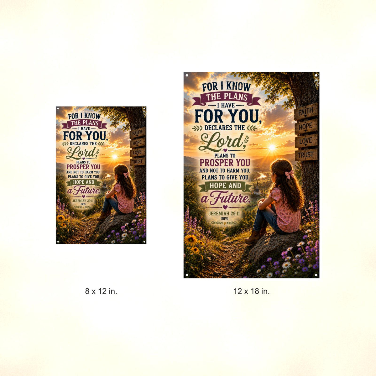 For I Know The Plans Girl At The Signpost - Jeremiah 29:11, Christian Metal Sign 8x12 & 12x18 — Size options comparison