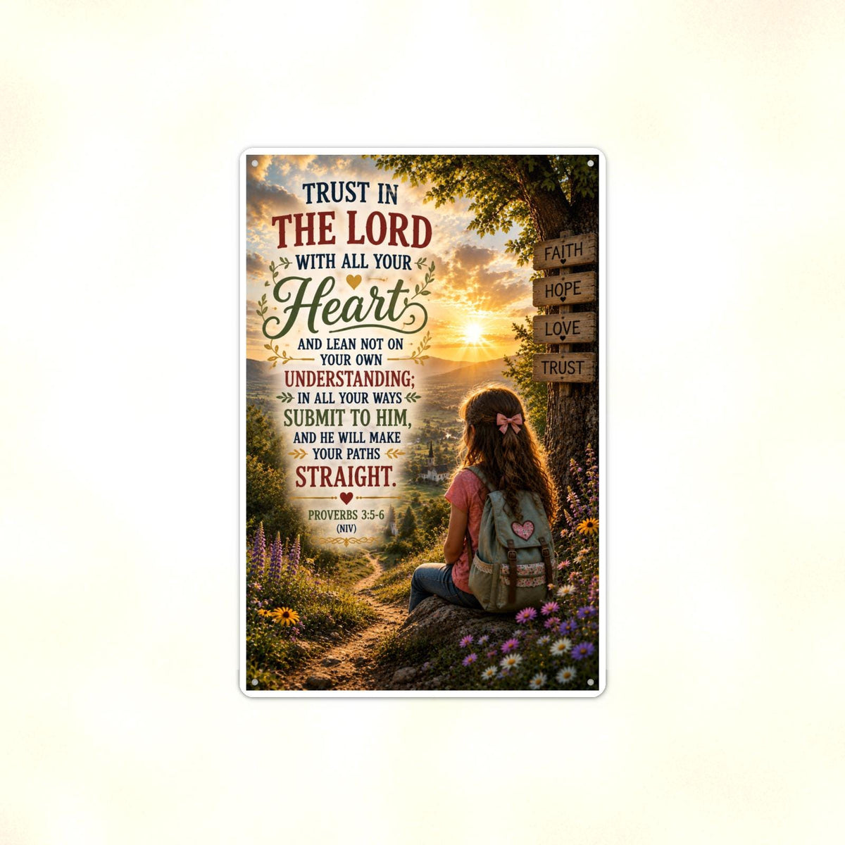 Trust In The Lord Girl At The Signpost - Proverbs 3:5-6, Christian Metal Sign 8x12 & 12x18 — Full product view