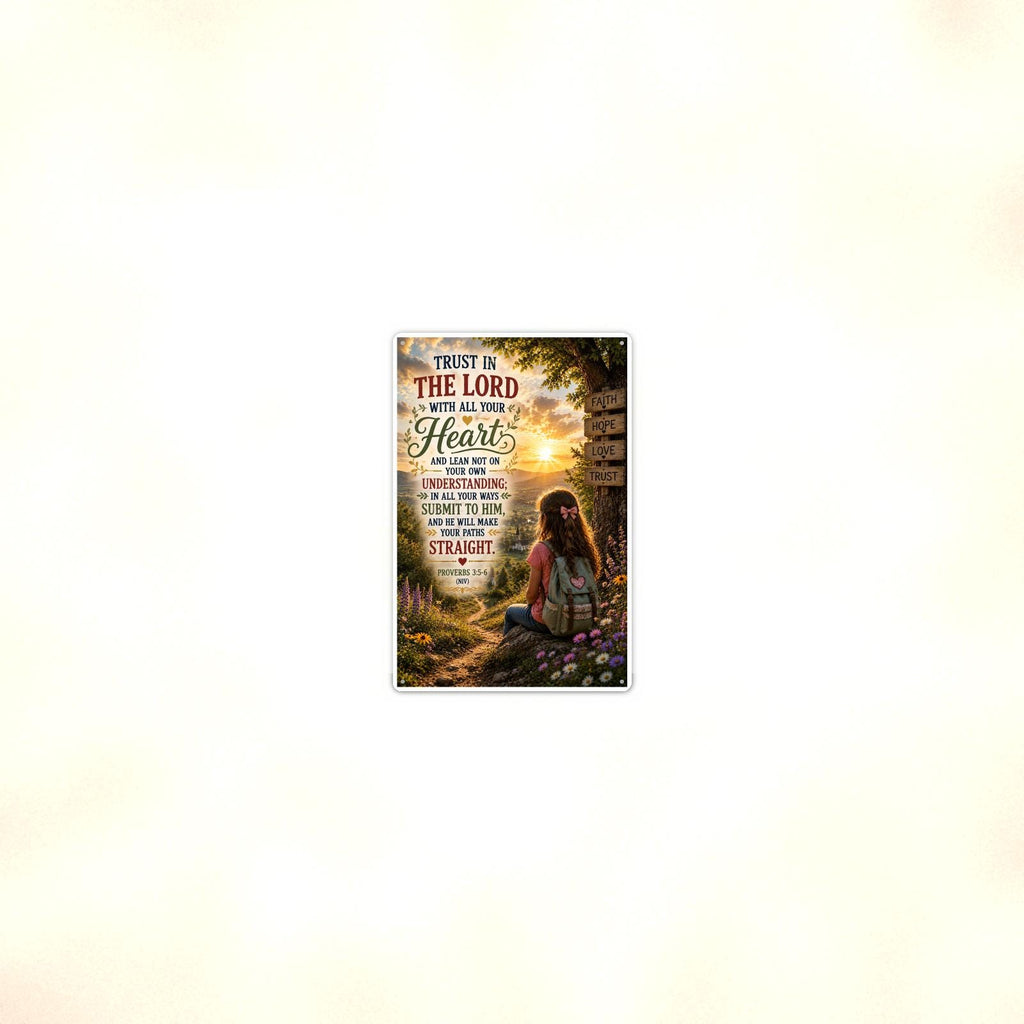 Trust In The Lord Girl At The Signpost - Proverbs 3:5-6, Christian Metal Sign 8x12 & 12x18 — Room display