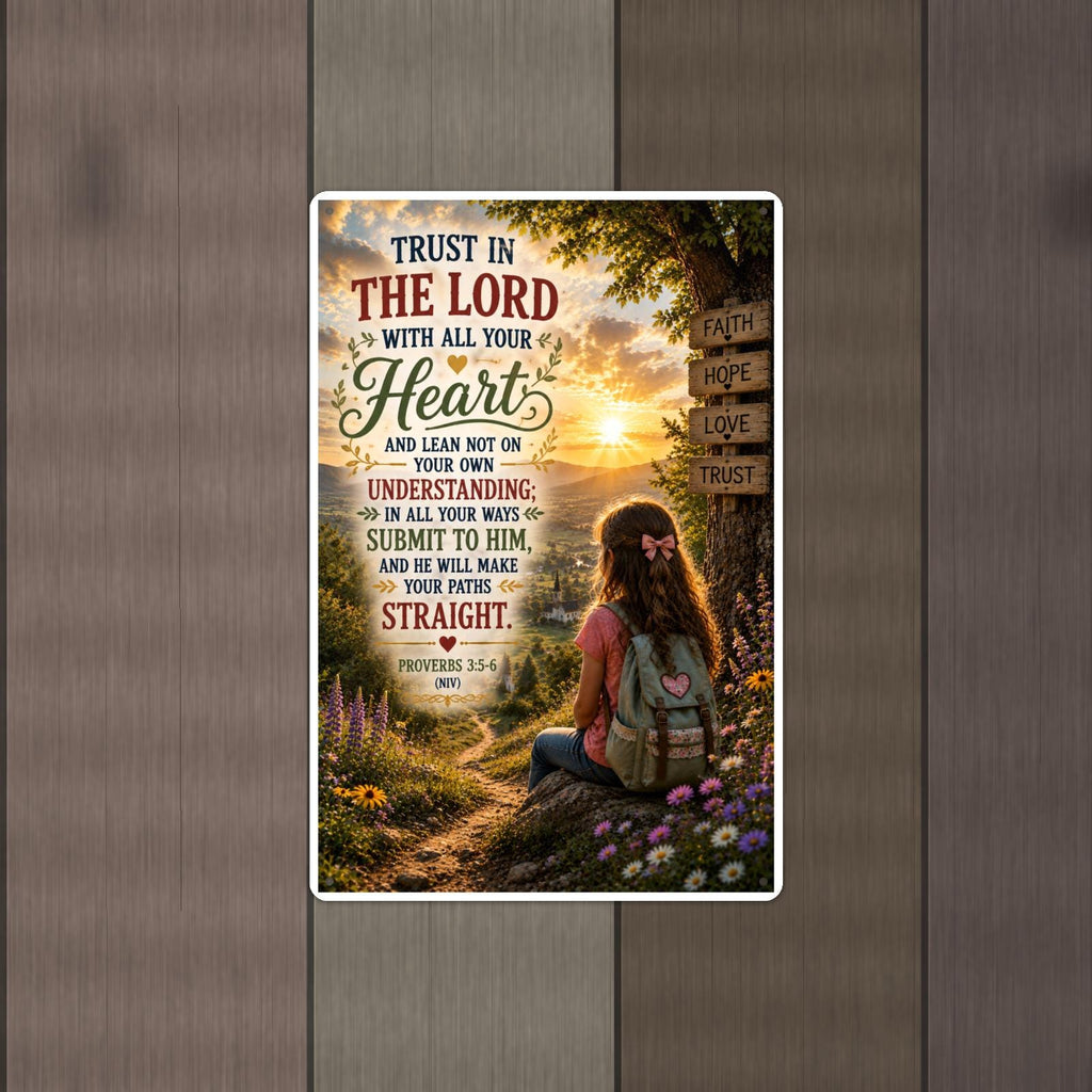 Trust In The Lord Girl At The Signpost - Proverbs 3:5-6, Christian Metal Sign 8x12 & 12x18 — Alternate wall view