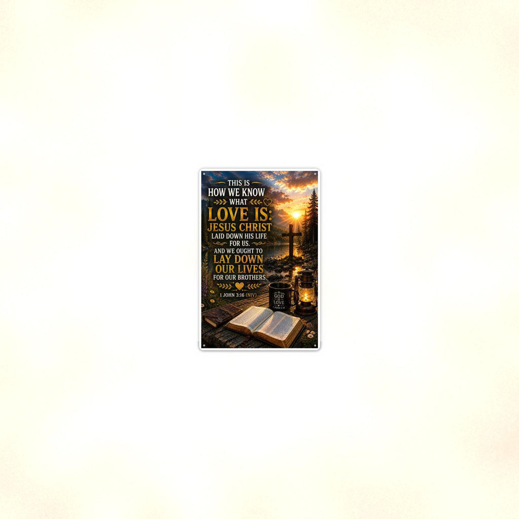 How We Know What Love Is - 1 John 3:16, Christian Metal Sign 8x12 & 12x18 — Room display