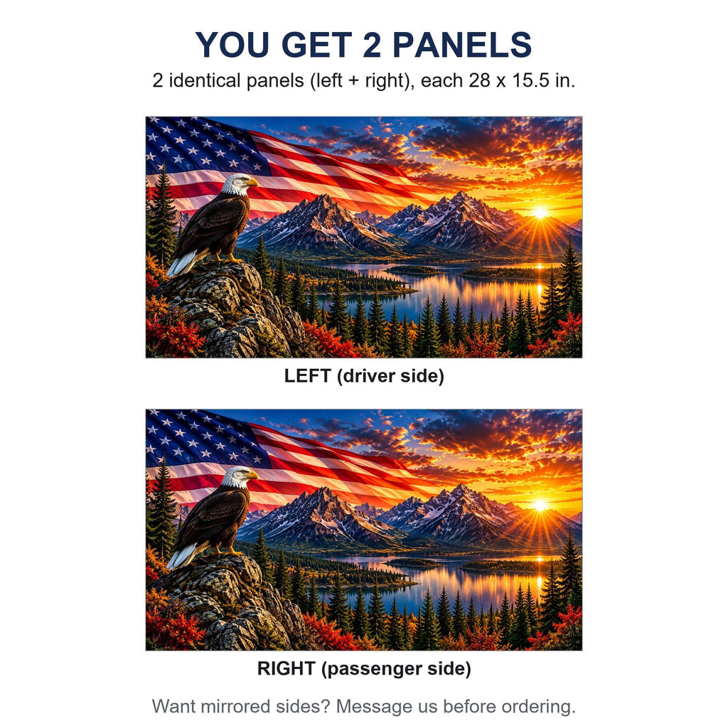 Two identical perforated window panels side by side labeled LEFT and RIGHT, both showing the same bald eagle flag mountain lake design, each panel 28 by 15.5 inches, full rectangle before trimming to fit. A note offers mirrored sides on request.