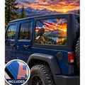 Jeep Wrangler 4-door rear quarter window with a perforated decal of a bald eagle perched on a rock in front of a waving American flag over a mountain lake at sunset, applied to the outside of the glass. An INCLUDED badge in the corner shows the felt squeegee and 2 American flag decals that come with every set.