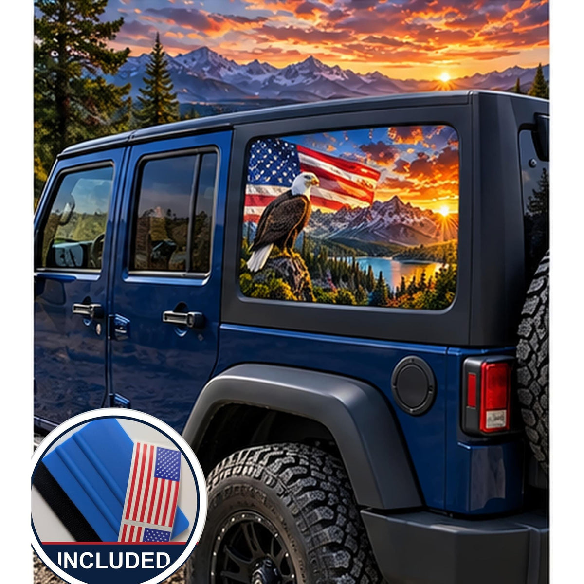 Jeep Wrangler 4-door rear quarter window with a perforated decal of a bald eagle perched on a rock in front of a waving American flag over a mountain lake at sunset, applied to the outside of the glass. An INCLUDED badge in the corner shows the felt squeegee and 2 American flag decals that come with every set.