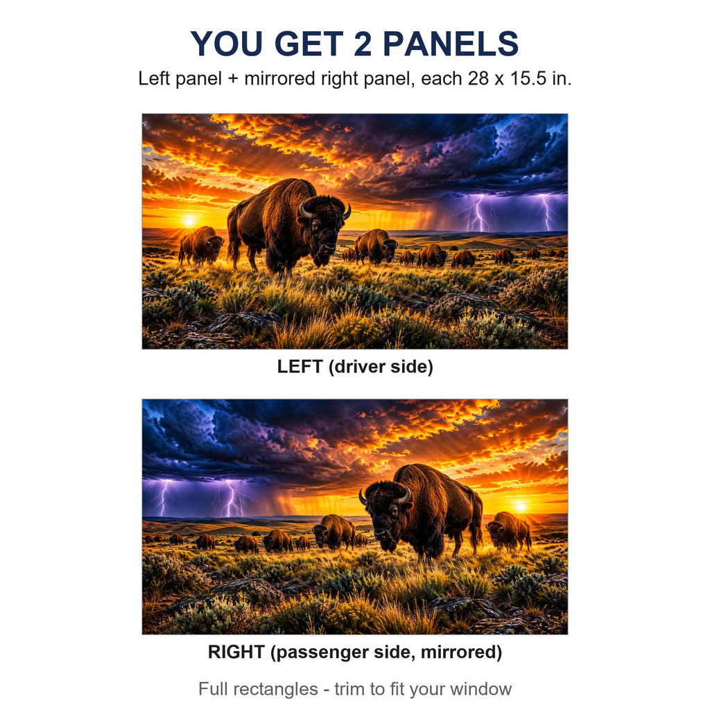 Two perforated window panels side by side labeled LEFT (driver side) and RIGHT (passenger side, mirrored) - bison herd lightning storm design, each panel 28 by 15.5 inches, full rectangle before trimming to fit.