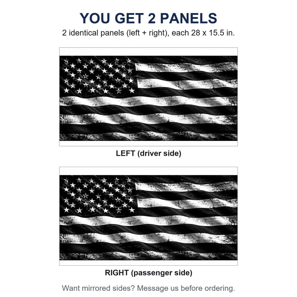 Two identical perforated window panels side by side labeled LEFT and RIGHT, both showing the same black and white distressed flag design, each panel 28 by 15.5 inches, full rectangle before trimming to fit. A note offers mirrored sides on request.