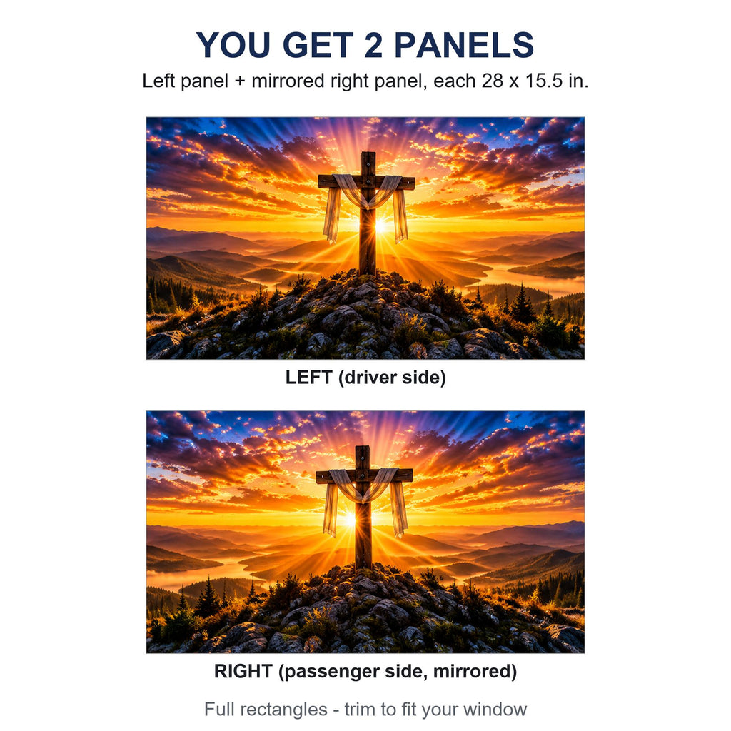 Two perforated window panels side by side labeled LEFT (driver side) and RIGHT (passenger side, mirrored) - cross with cloth sunrise design, each panel 28 by 15.5 inches, full rectangle before trimming to fit.
