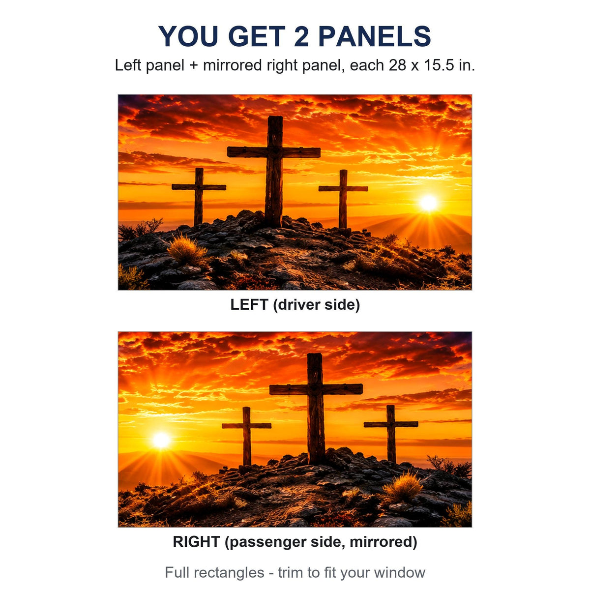 Two perforated window panels side by side labeled LEFT (driver side) and RIGHT (passenger side, mirrored) - three crosses sunset design, each panel 28 by 15.5 inches, full rectangle before trimming to fit.