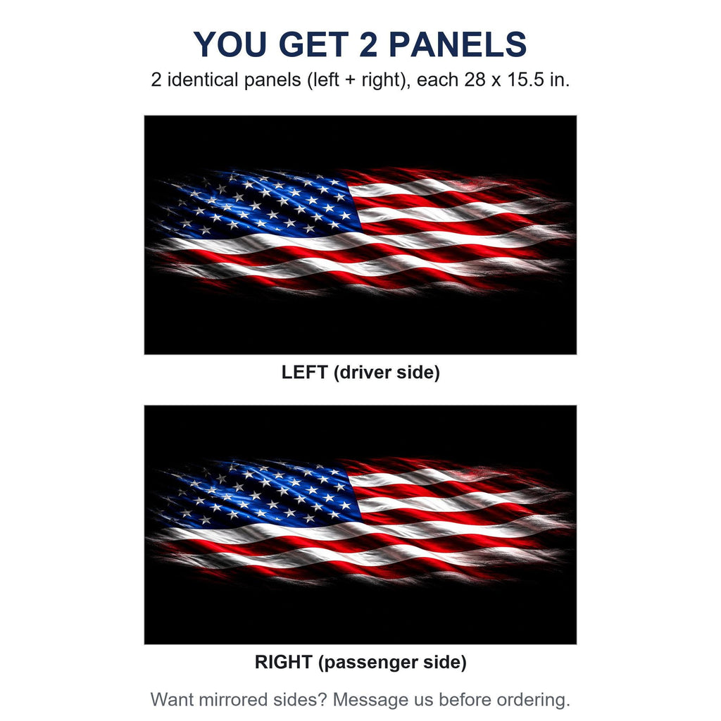 Two identical perforated window panels side by side labeled LEFT and RIGHT, both showing the same waving flag on black design, each panel 28 by 15.5 inches, full rectangle before trimming to fit. A note offers mirrored sides on request.