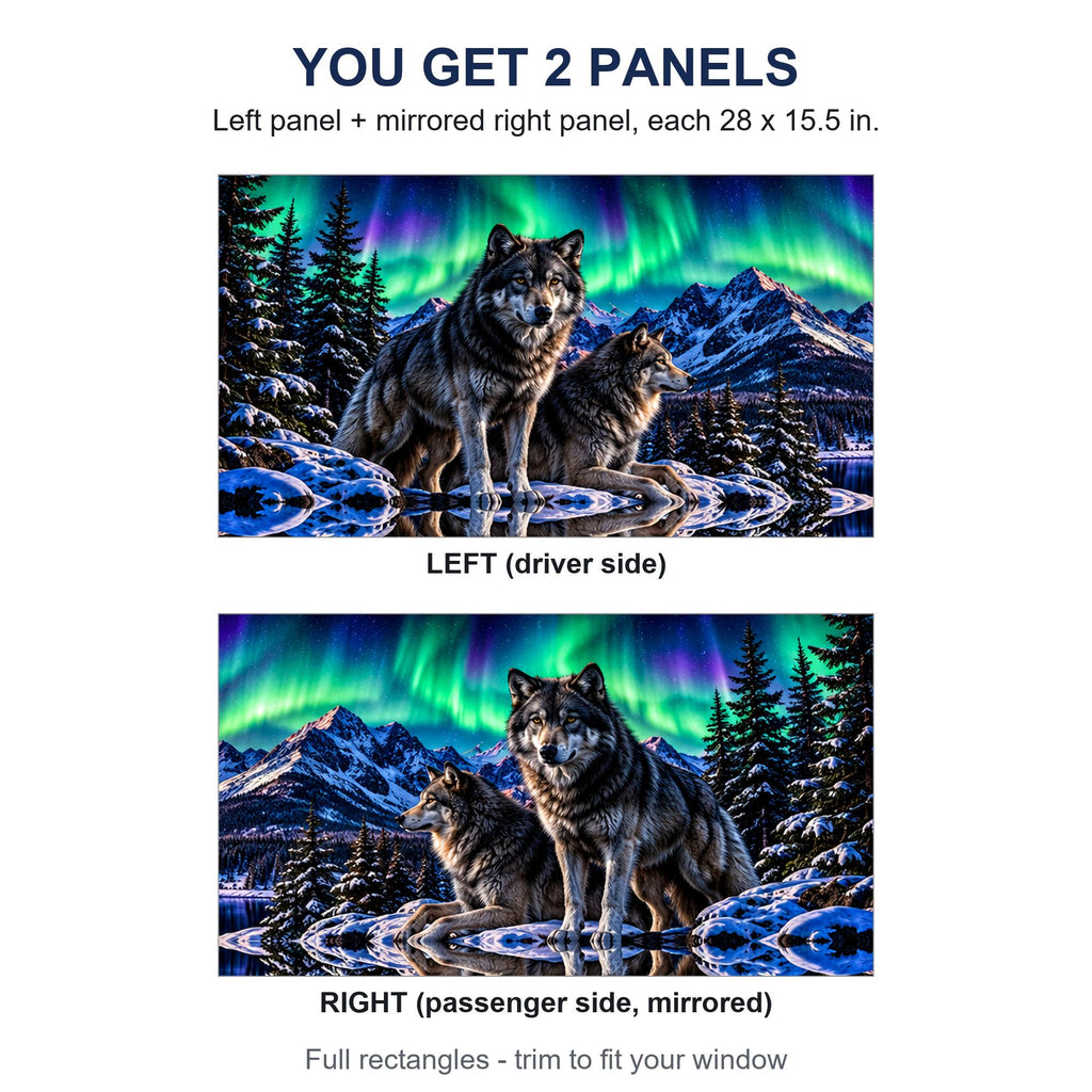 Two perforated window panels side by side labeled LEFT (driver side) and RIGHT (passenger side, mirrored) - wolves under northern lights design, each panel 28 by 15.5 inches, full rectangle before trimming to fit.