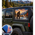 Jeep Wrangler 4-door rear quarter window with a perforated decal of Bigfoot fly-fishing in a mountain river at sunset, a trout jumping from the water, applied to the outside of the glass. An INCLUDED badge in the corner shows the felt squeegee and 2 American flag decals that come with every set.