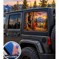 Jeep Wrangler 4-door rear quarter window with a perforated decal of Bigfoot peeking out from behind an autumn tree trunk, a whitetail deer standing in the meadow nearby, mountain sunset in the background, applied to the outside of the glass. An INCLUDED badge in the corner shows the felt squeegee and 2 American flag decals that come with every set.