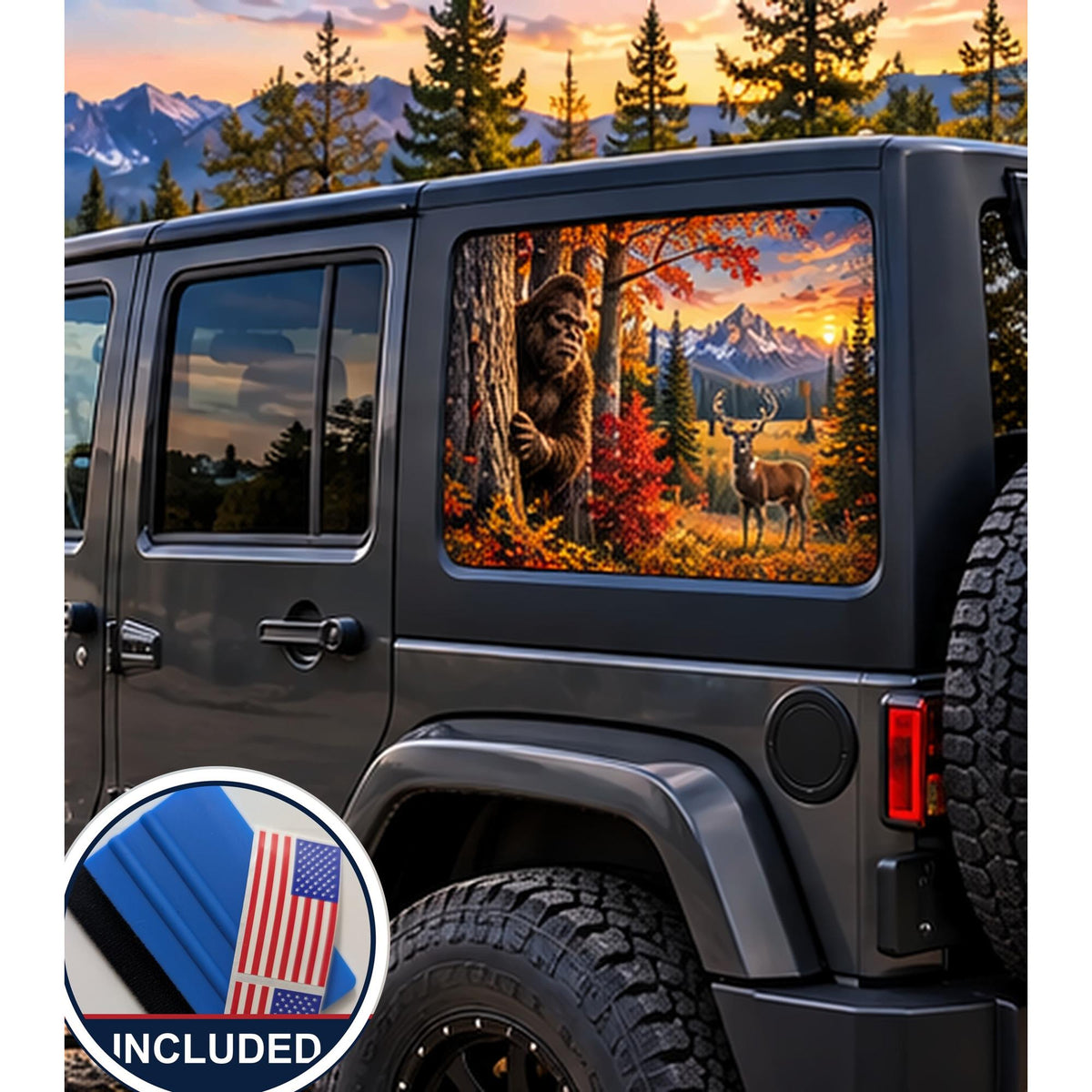 Jeep Wrangler 4-door rear quarter window with a perforated decal of Bigfoot peeking out from behind an autumn tree trunk, a whitetail deer standing in the meadow nearby, mountain sunset in the background, applied to the outside of the glass. An INCLUDED badge in the corner shows the felt squeegee and 2 American flag decals that come with every set.