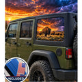 Jeep Wrangler 4-door rear quarter window with a perforated decal of a bison herd grazing on the prairie at sunset, a lightning storm with purple clouds rolling in on the right side of the scene, applied to the outside of the glass. An INCLUDED badge in the corner shows the felt squeegee and 2 American flag decals that come with every set.