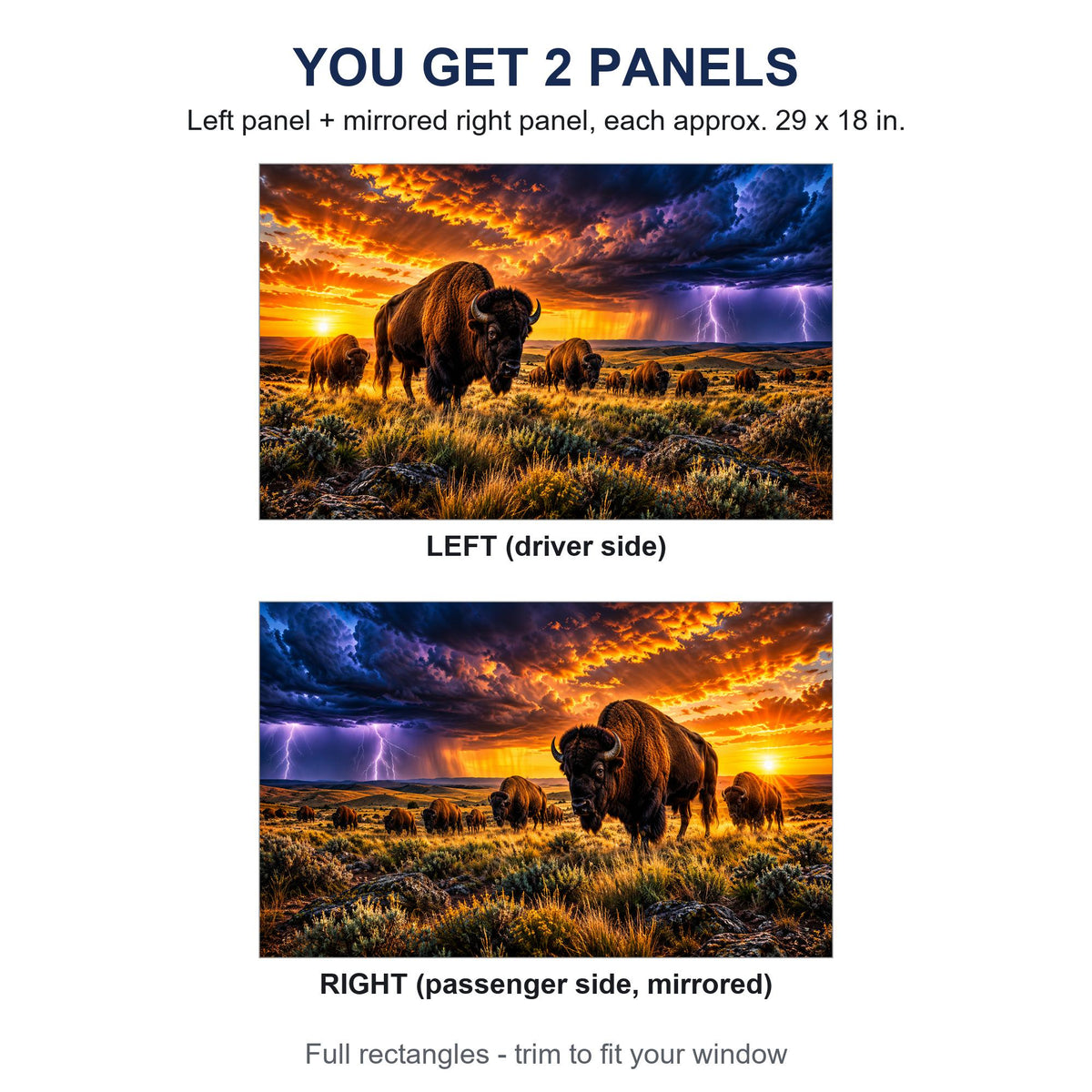 Two perforated window panels side by side labeled LEFT (driver side) and RIGHT (passenger side, mirrored) - bison herd lightning storm design, each panel 29 by 18 inches, full rectangle before trimming to fit.