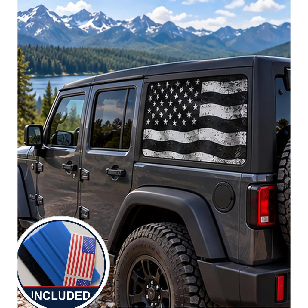 Jeep Wrangler 4-door rear quarter window with a perforated decal of a black and white distressed American flag, applied to the outside of the glass. An INCLUDED badge in the corner shows the felt squeegee and 2 American flag decals that come with every set.