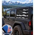 Jeep Wrangler 4-door rear quarter window with a perforated decal of a black and white distressed American flag, applied to the outside of the glass. An INCLUDED badge in the corner shows the felt squeegee and 2 American flag decals that come with every set.