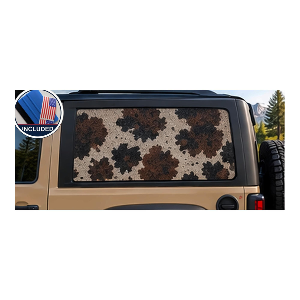 Jeep Wrangler 4-door rear quarter window with a perforated decal of a brown, black, and cream cow print pattern, applied to the outside of the glass. An INCLUDED badge in the corner shows the felt squeegee and 2 American flag decals that come with every set.