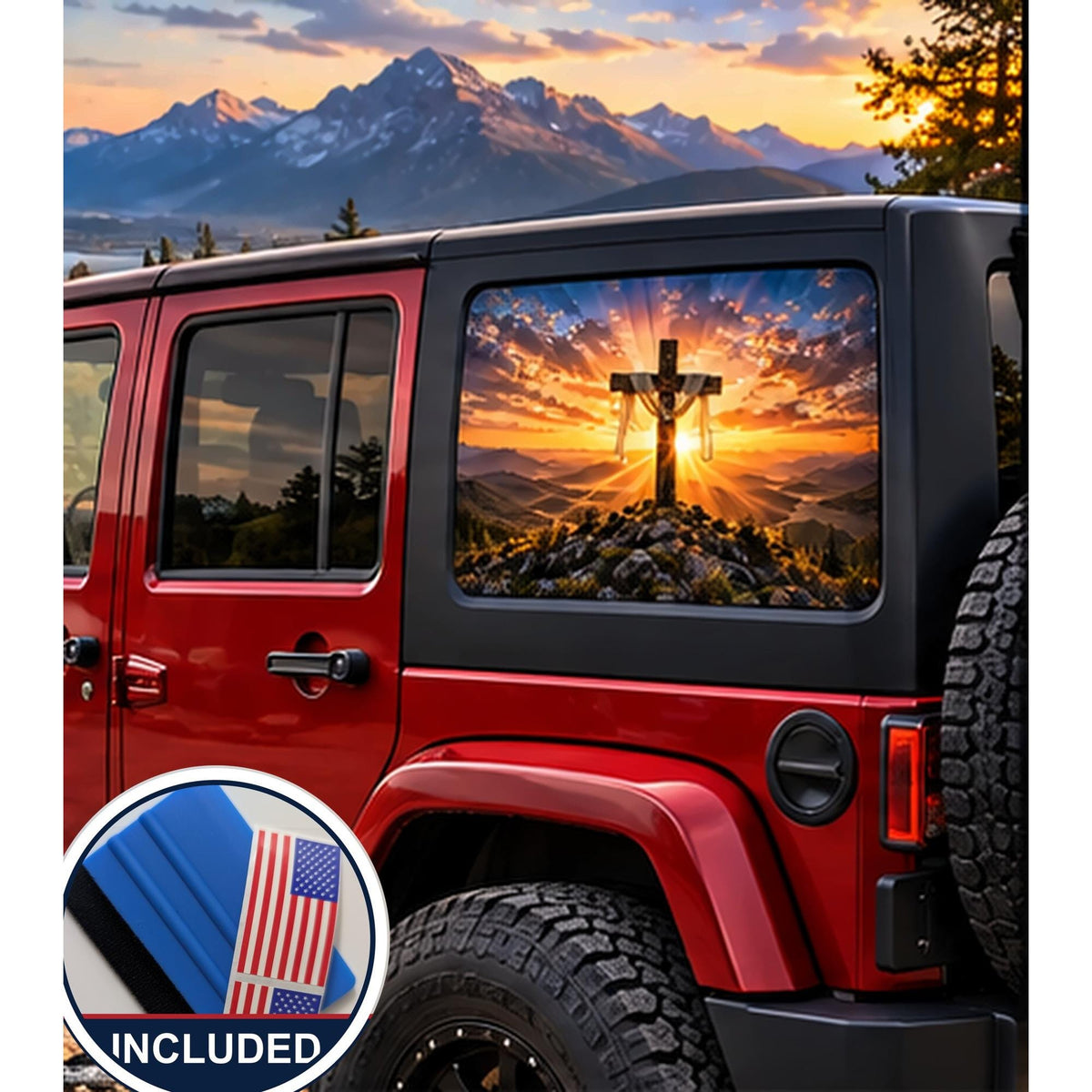 Jeep Wrangler 4-door rear quarter window with a perforated decal of a wooden cross draped with cloth on a mountaintop at sunrise, sun rays breaking through the clouds, applied to the outside of the glass. An INCLUDED badge in the corner shows the felt squeegee and 2 American flag decals that come with every set.