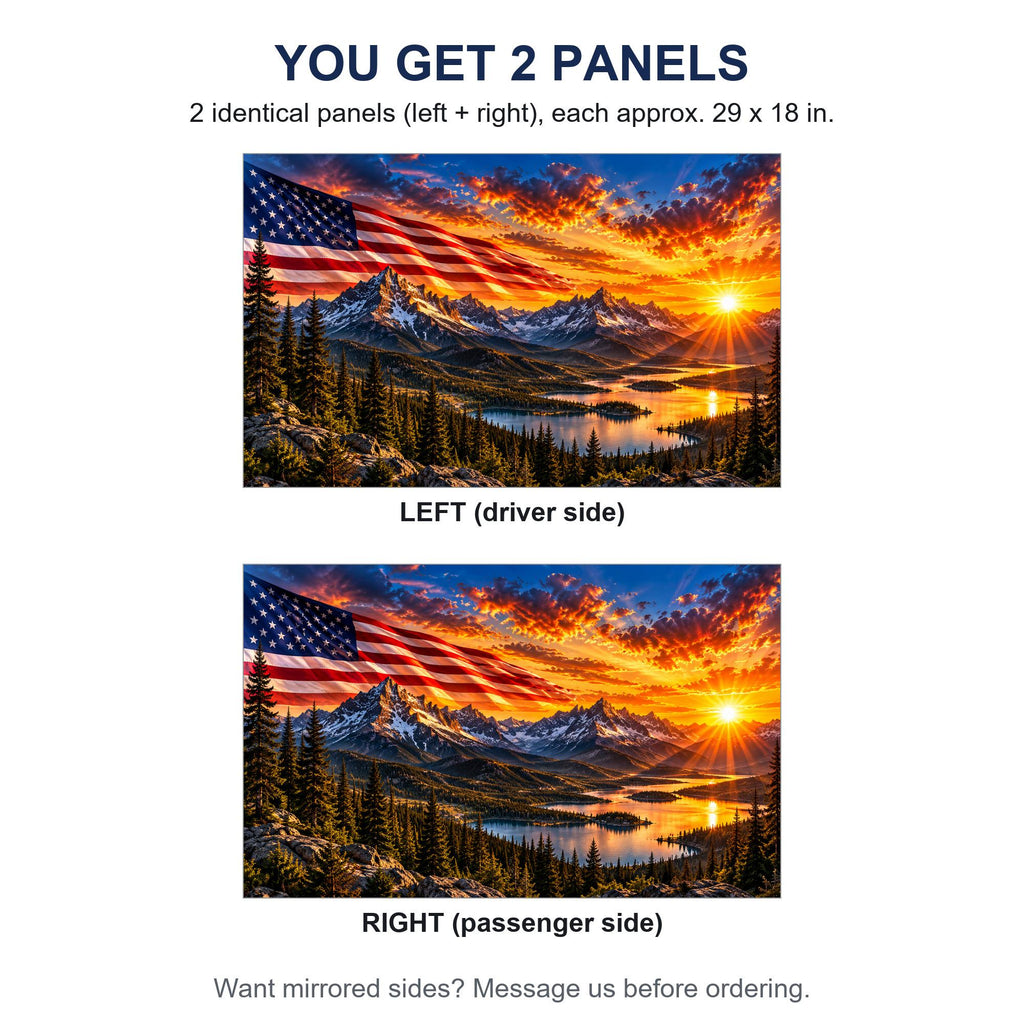 Two identical perforated window panels side by side labeled LEFT and RIGHT, both showing the same flag over mountain sunset design, each panel 29 by 18 inches, full rectangle before trimming to fit. A note offers mirrored sides on request.