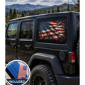 Jeep Wrangler 4-door rear quarter window with a perforated decal of a torn, grunge-style full-color American flag on a plain black background, applied to the outside of the glass. An INCLUDED badge in the corner shows the felt squeegee and 2 American flag decals that come with every set.