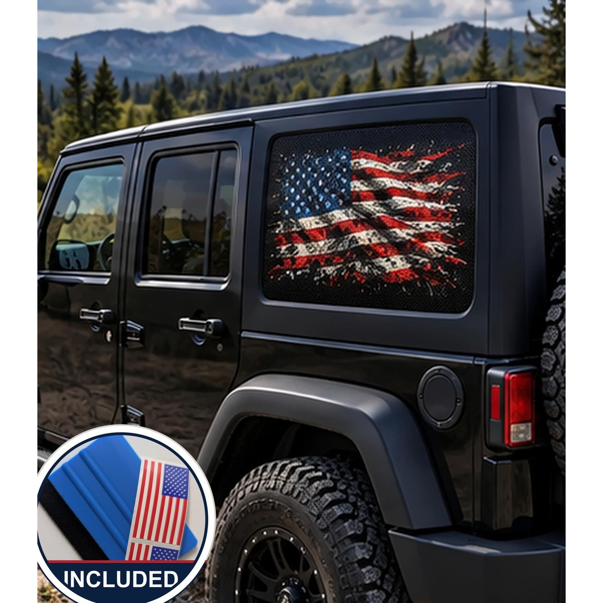 Jeep Wrangler 4-door rear quarter window with a perforated decal of a torn, grunge-style full-color American flag on a plain black background, applied to the outside of the glass. An INCLUDED badge in the corner shows the felt squeegee and 2 American flag decals that come with every set.