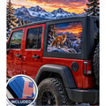 Jeep Wrangler 4-door rear quarter window with a perforated decal of a red fox standing on a snowy ridge above a winding river valley at sunset, snow-capped mountains in the background, applied to the outside of the glass. An INCLUDED badge in the corner shows the felt squeegee and 2 American flag decals that come with every set.