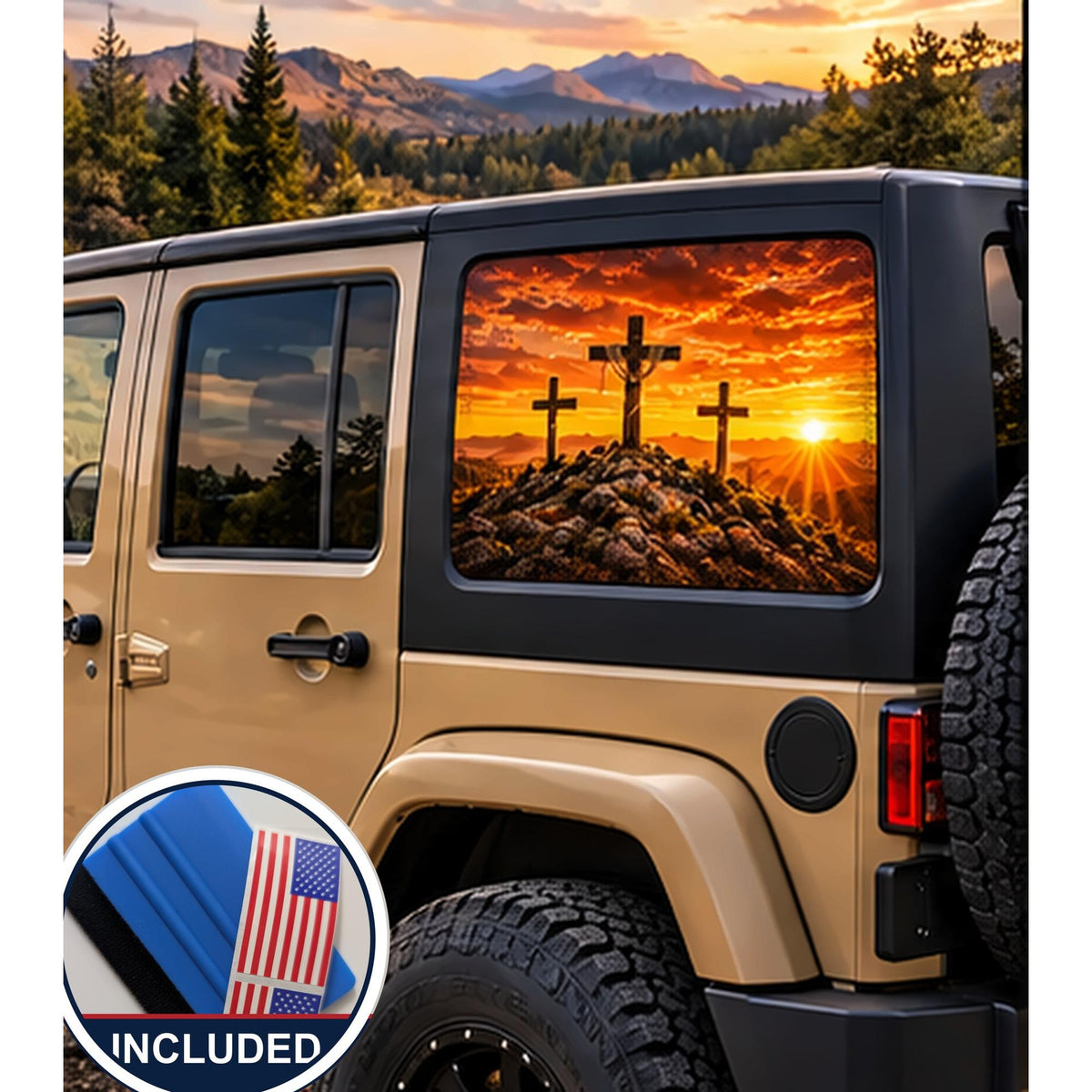 Jeep Wrangler 4-door rear quarter window with a perforated decal of three wooden crosses silhouetted on a hill at a fiery orange sunset, applied to the outside of the glass. An INCLUDED badge in the corner shows the felt squeegee and 2 American flag decals that come with every set.
