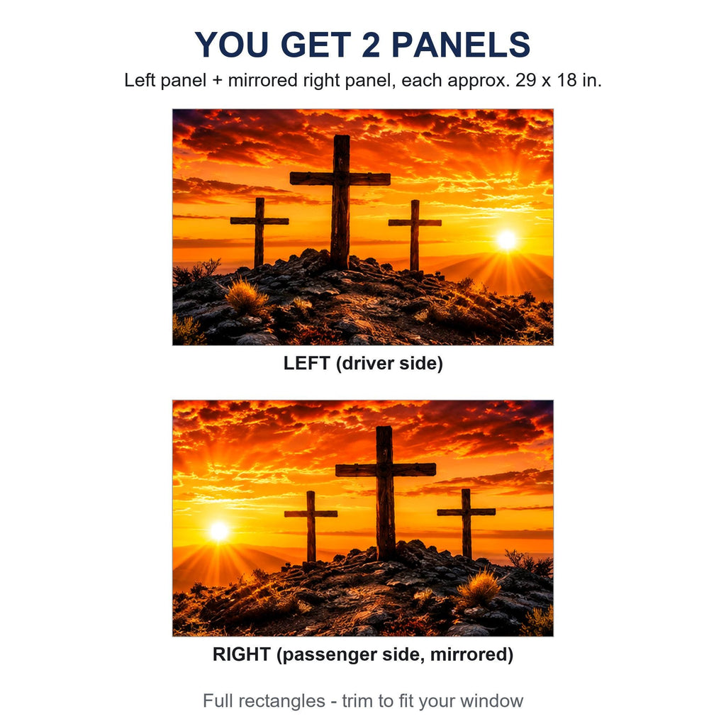 Two perforated window panels side by side labeled LEFT (driver side) and RIGHT (passenger side, mirrored) - three crosses sunset design, each panel 29 by 18 inches, full rectangle before trimming to fit.